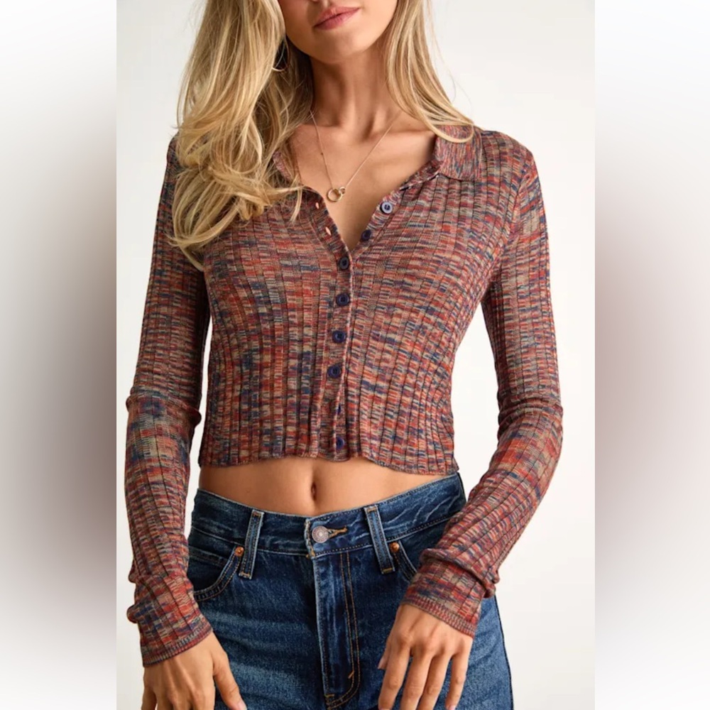 Lulus Avra Rust Multi Space Dye Collared Cardigan Sweater Top